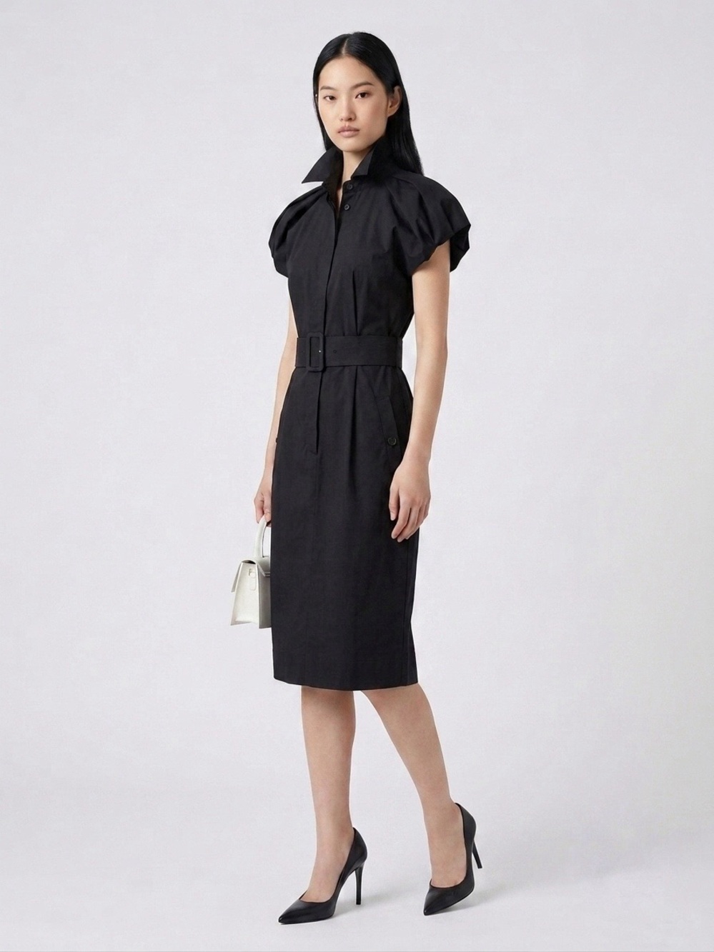 HUGO BOSS Women's Danzal Cotton Cap Sleeve Belted Shirt Dress - Black, Sz 6